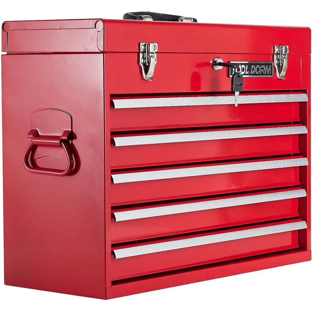 

Портативный металлический ящик для инструментов с 5 ящиками и цилиндровым замком, красное порошковое покрытие, для гаража и использования на улице