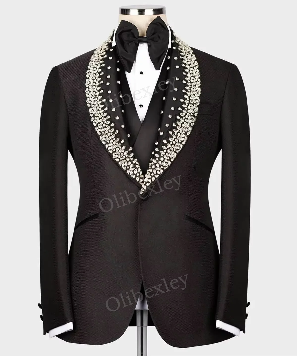 Luxury Men's High Quality 2 Piece Suit Beaded Crystals One Button Slim Fit  Wedding Groom Business Dinner Party Suits