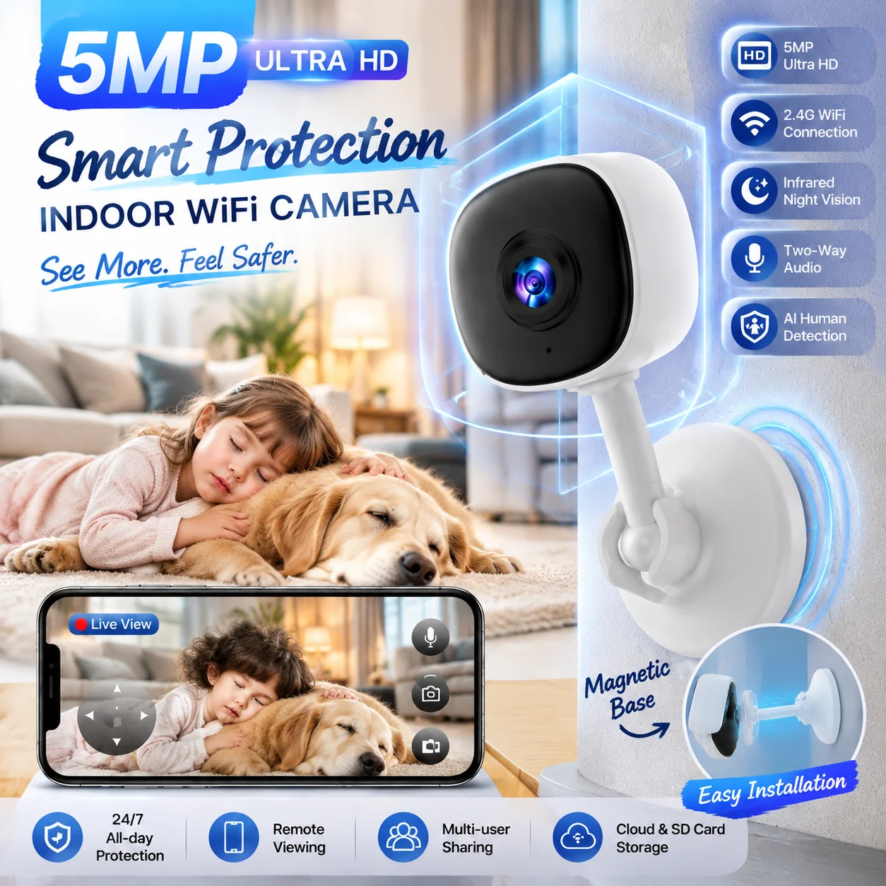 5MP WiFi Indoor Security Camera Smart Home Camera Human Motion Detection Auto Tracking Night Vision Two Way Audio Surveillance