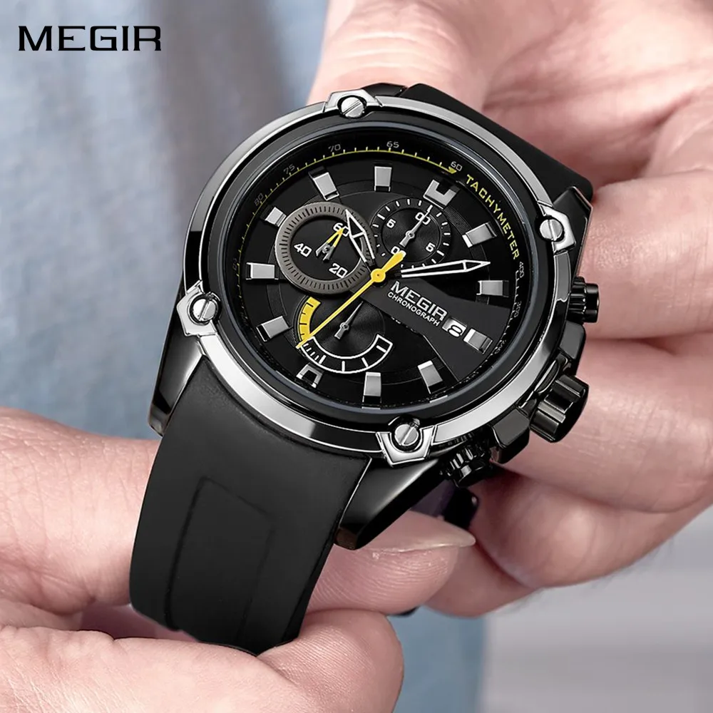 MEGIR Chronograph Luxury Brand Men Sports Watches Silicone Strap Quartz Casual Wristwatch Waterproof Calendar Reloj Hombre 2086