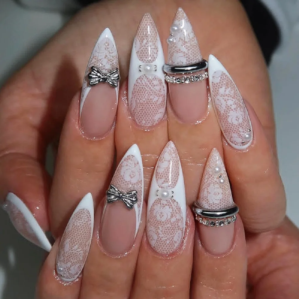 

Накладные ногти 3D с металлическим серебряным бантом, миндалевидной формы, блестящие, со стразами и жемчугом, съемные, 30 шт.