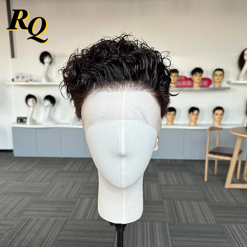 Curly Wig For Men Color 2 Pre Styled Short Cut Full Lace Wig Male Hairpiece Toupee Virgin Human Hair Replacement System Pieces