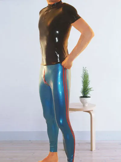 

Latex Rubber Men Black Top With Light Blue Red Trousers Uniform Suit Size XXS-XXL