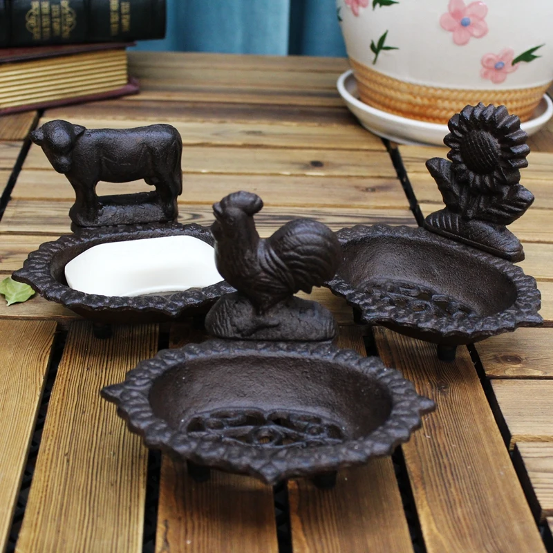 Cow Rooster Sunflower Cast Iron Soap Dish Farmhouse Heavy Duty Drainable Kitchen Soap Holder Bathroom Decorative Accesories