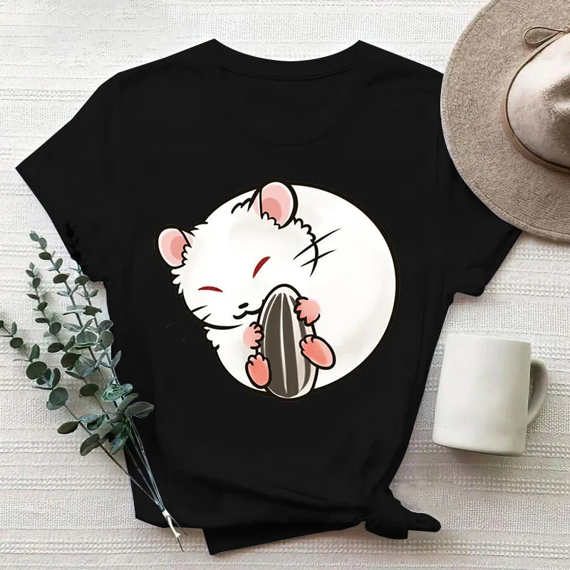 Camiseta con estampado Kawaii de hámster para mujer, ropa divertida de poliéster de manga corta con gráfico de estética, color blanco