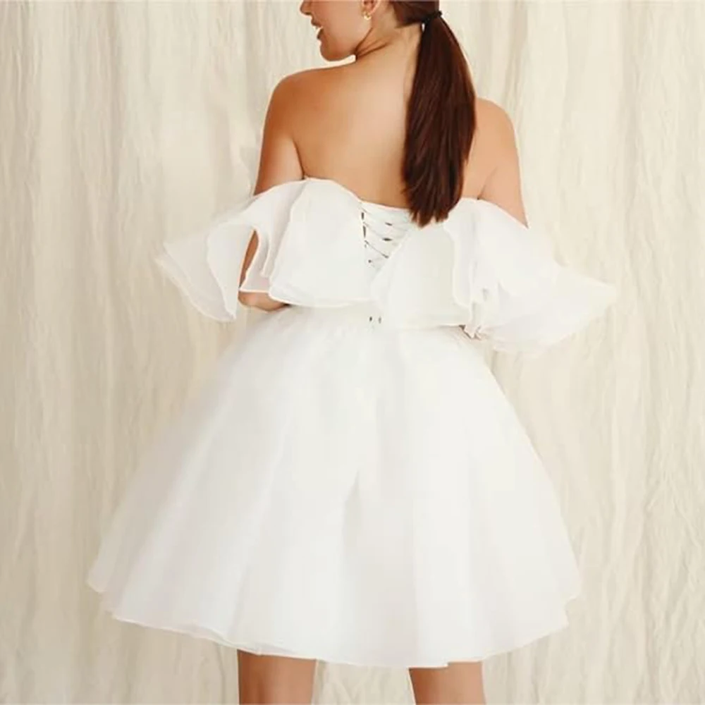 

Mini Wedding Dresses A-Line Cold Shoulder Ruffles Short Sleeve Mini Dressesfor Bridesmaid