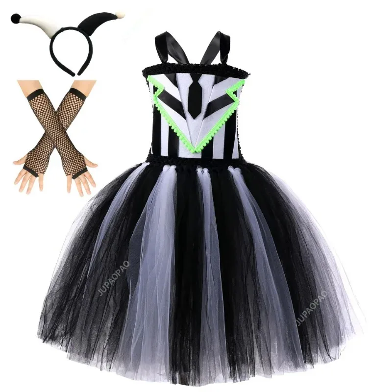 新しい白黒ホラーピエロファンシードレス女の子子供ペニーワイズハロウィンコスチュームサーカスジョーカーコスプレ衣装怖いチュチュ