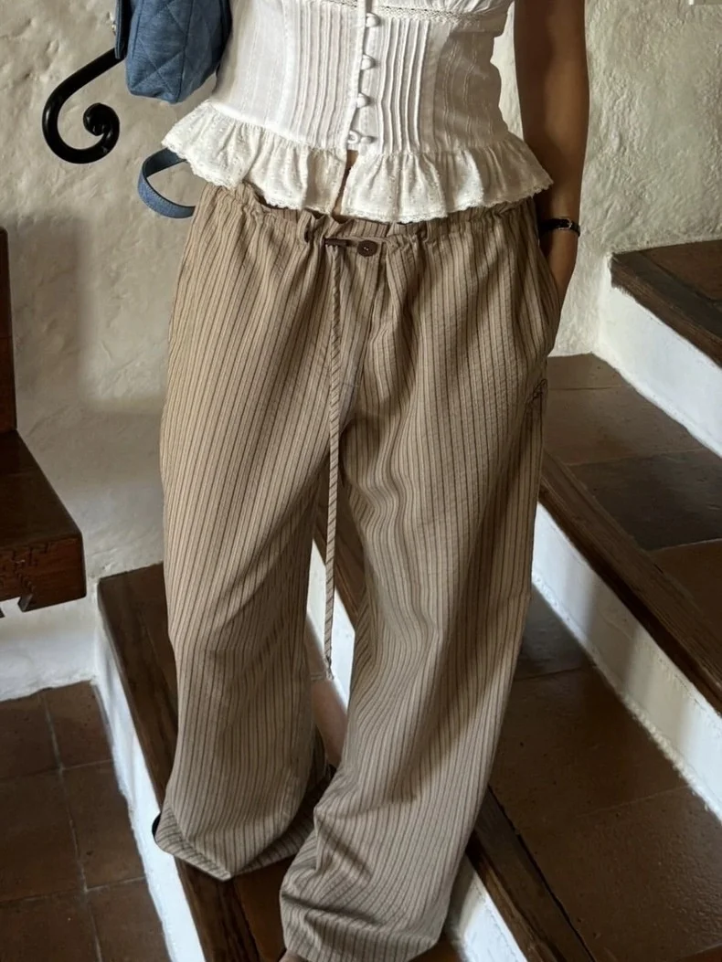 

Loose Casual Brown Striped Elastic Waist Dstring Straight Leg Wide Leg Pants Home Outdoor Wear Women's Trousers