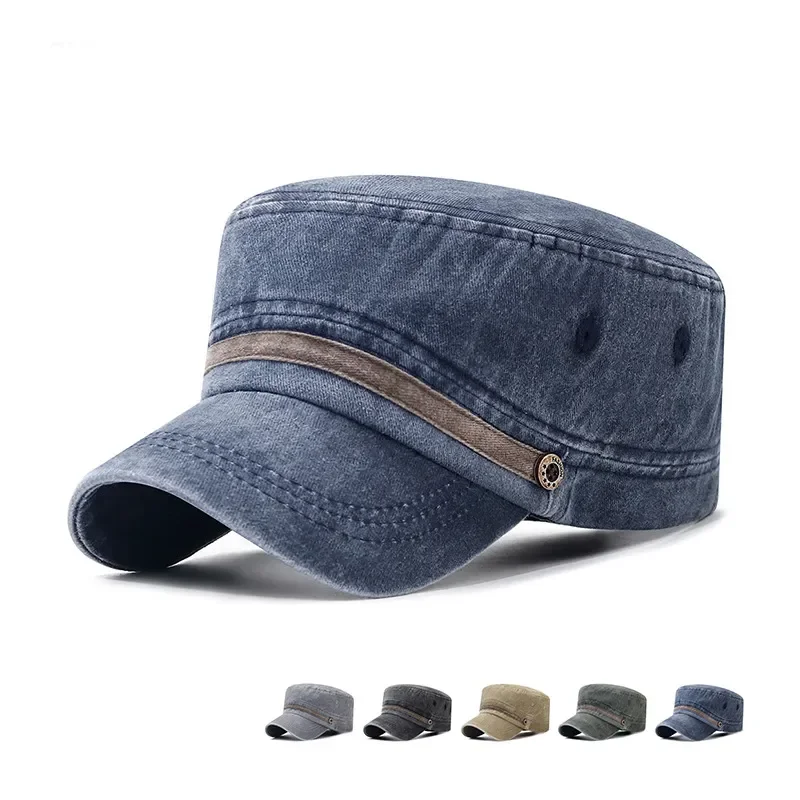 Washed Hat Distressed Cotton Flat Top Hat Cotton Breathable Button Cap, Young And Middle-Aged Dad Outdoor Sun Hat