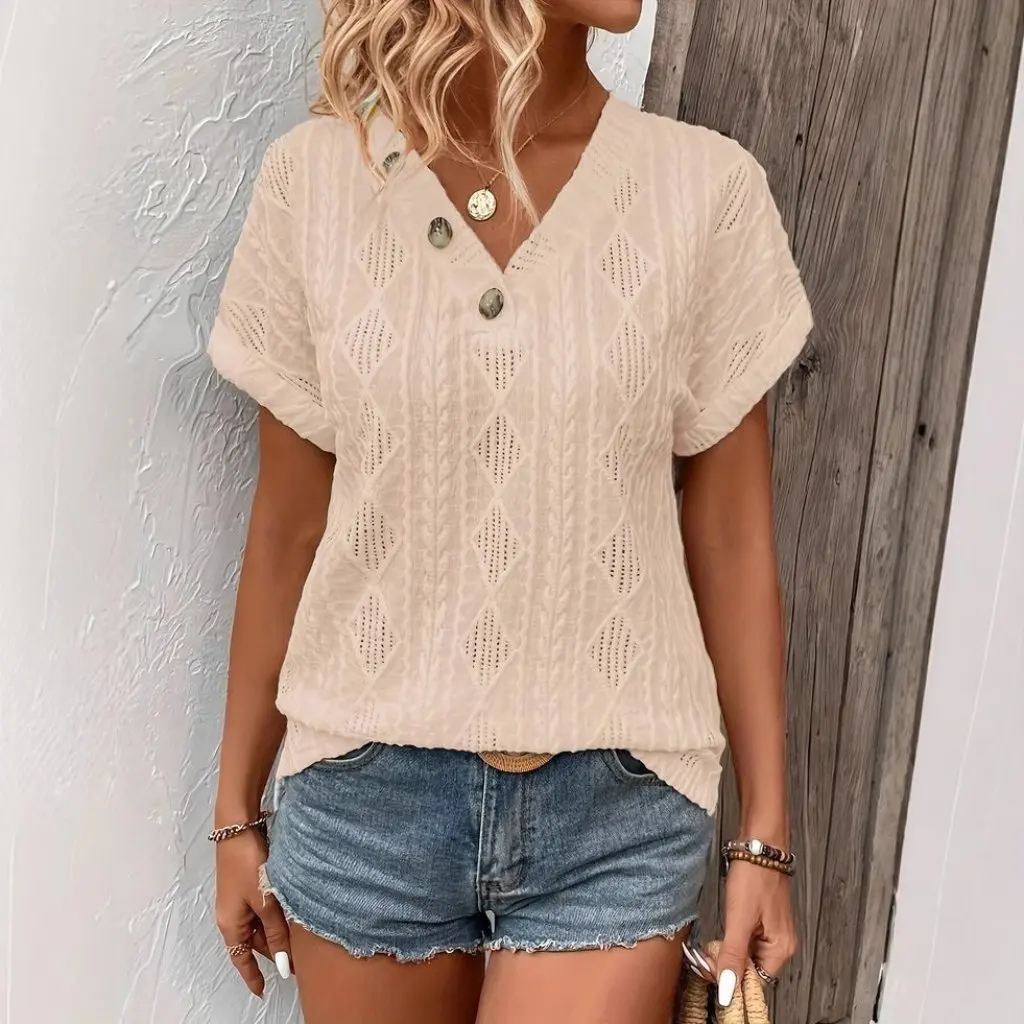 

European And American Women's V-neck Button Jacquard Hollow Loose Short-sleeved T-shirt Fashion Top for Spring And Summer