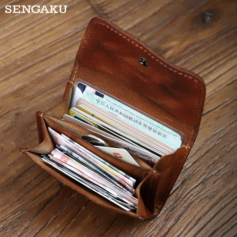 100% Genuine Leather Card Wallet For Men Women Vintage Handmade Short Small Men's Purse Card Holder Coin Pocket Money Bag