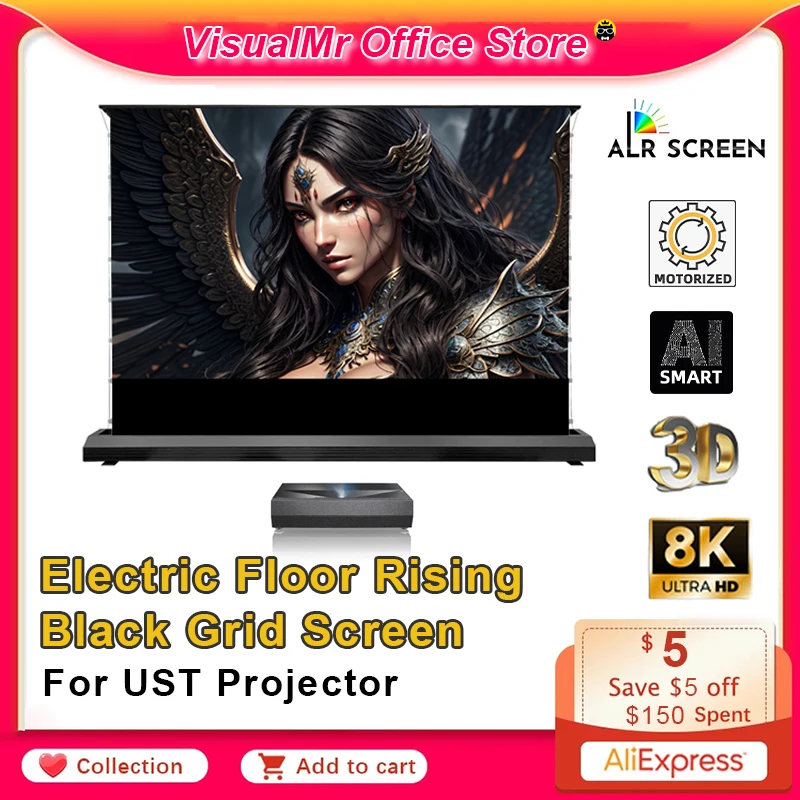 

Electric Floor Rising ALR UST Projection Screen Black Grid 150 Max Tab Tension Ambient Light Rejecting for Laser Projector 3D 8K