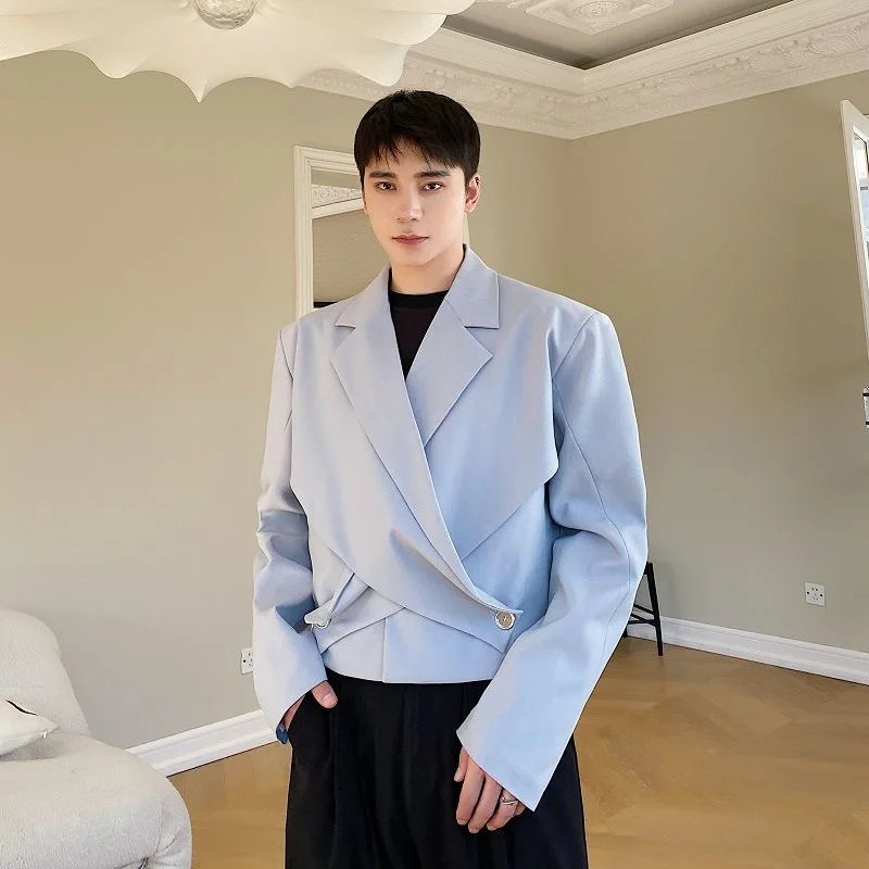 Gentleman Asymmetric Cross Fake-2-pc Design Blazer Coat Jackets Men Handsome Senior Trendy Ins Chic Tops Male Sexy Allure Blazer
