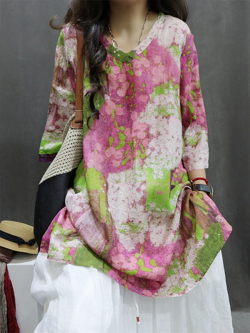 Retro Dyed V-Neck Cotton Linen Shirt Women's Summer Mid-Length Thin Loose Fashionable  Silk Sleeve Head Top