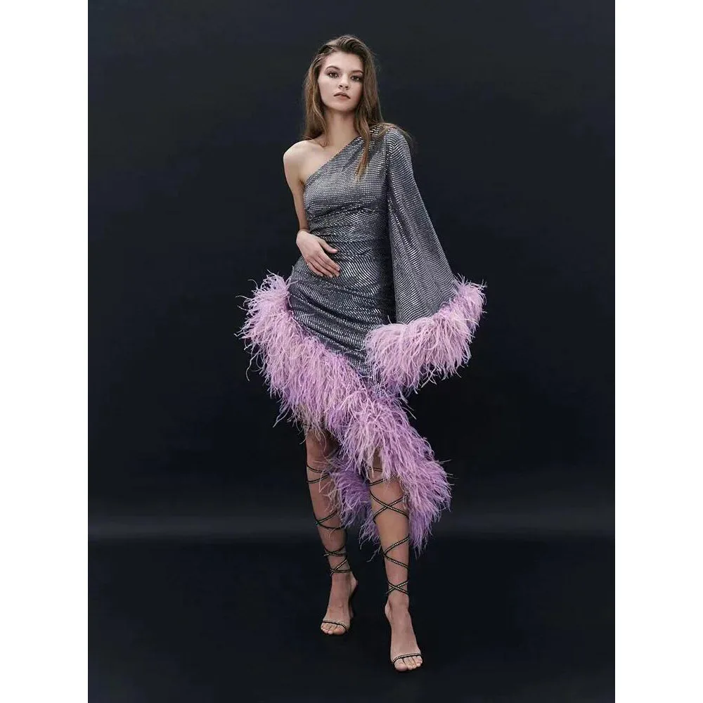 New Sexy Dress Women Elegant Luxury One Shoulder Long Sleeve Feather Sequin Formal Occasion Show Dress Nightclub Birthday Party