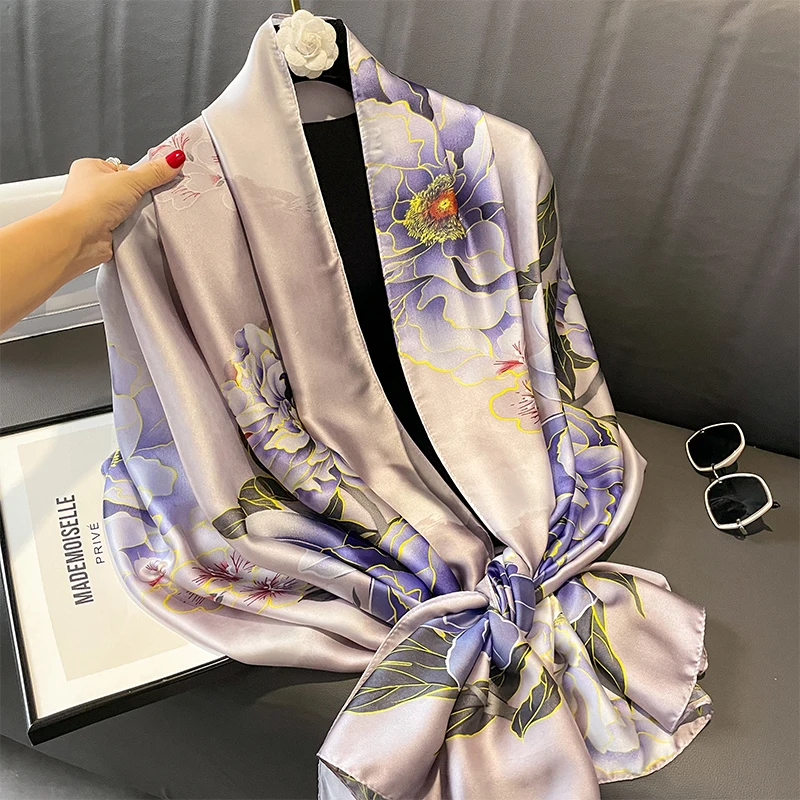 2024 Seiden schals Frauen Luxusmarke Hijab Schal Blumen Foulard Femme Schals Wraps Seide Bandana Kopftuch Hijab Strand Poncho – Detail 18