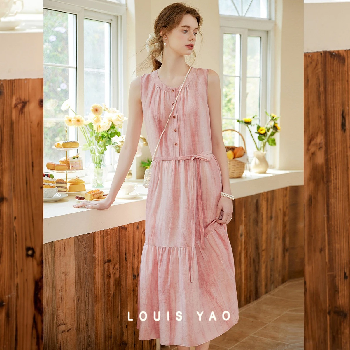 

LOUIS YAO Linen Sleeveless Dress 2025 Summer New Removable Belt Women's Dress Elegant Round Neck A-Line Long Skirt