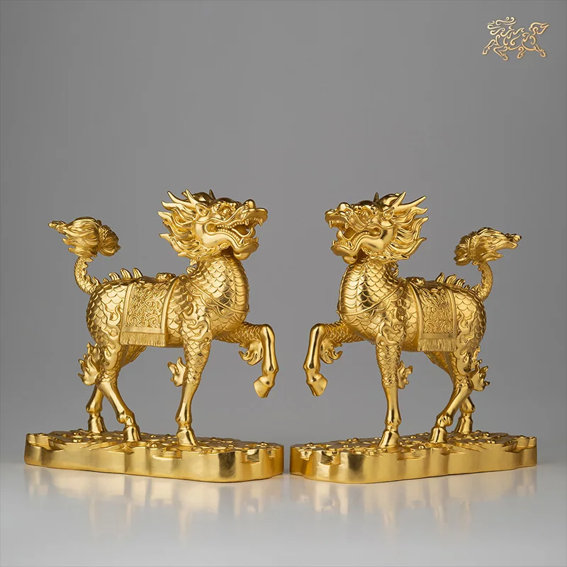 A PAIR high grade HOME GOOD LUCK Mascot Bring wealth money 24K gold-plated ROYAL Dragon QI LIN Auspicious brass Sculpture Statue