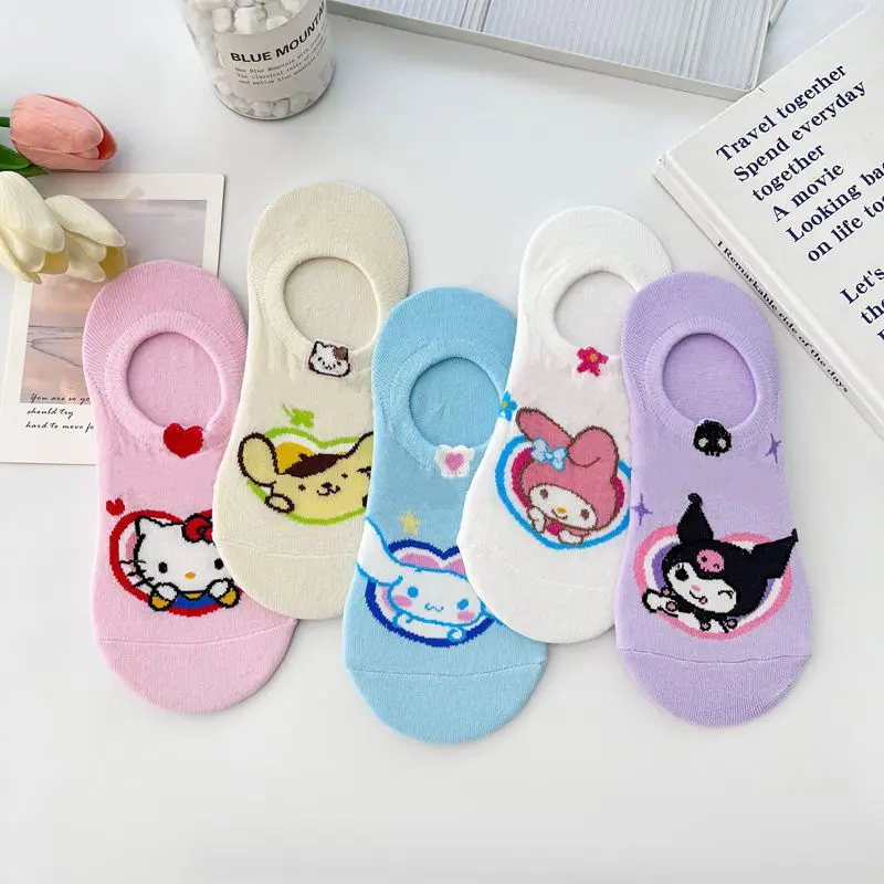 

5Pairs Sanrio Kuromi Boat Sock Kawaii Cartoon My Melody Cinnamoroll Girls Invisible non-slip Student Socks Gifts for Friends