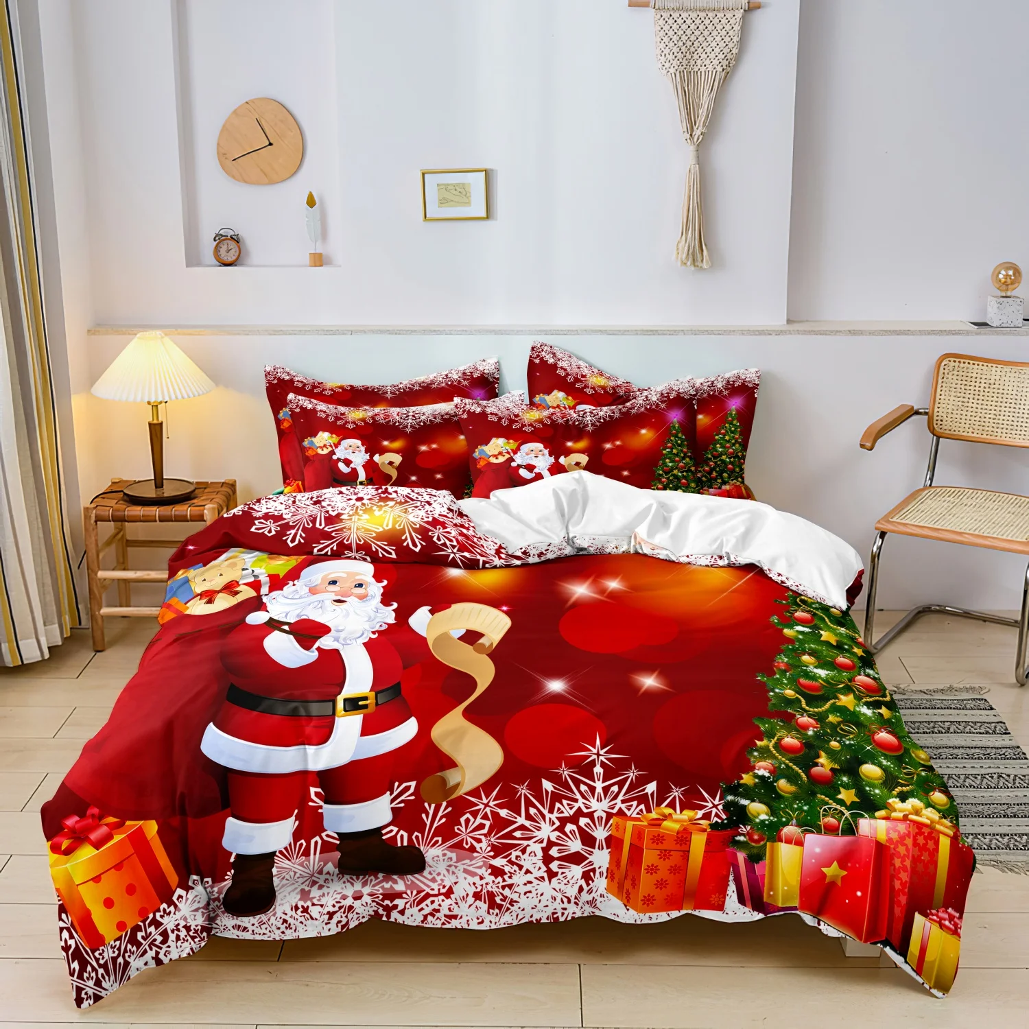 3Pcs Red Santa Claus Christmas Duvet Cover Set, Xmas Santa Gift Bag Christmas Tree Snowflake Print Bedding, For Family Bedrooms