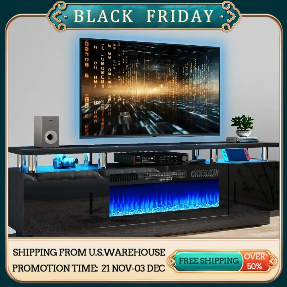 70 inch modern electric fireplace TV bench with electronic flame and LED lights, luxury high gloss entertainment center