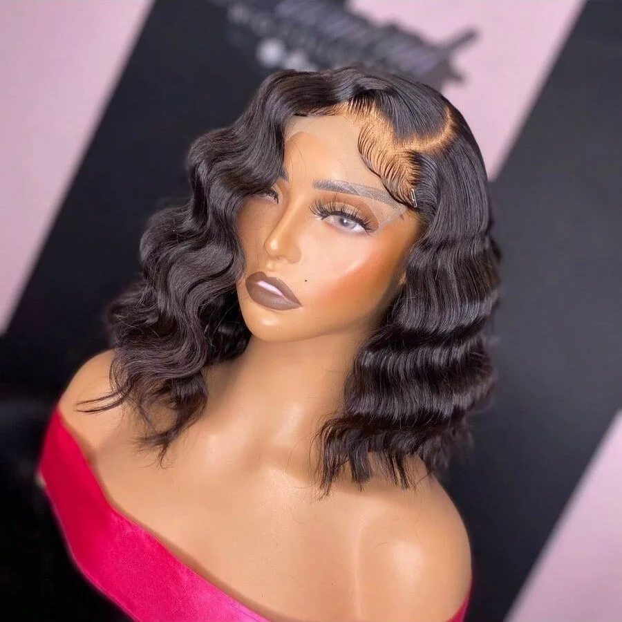 

200% 14-дюймовые короткие парики боб 13x4, прозрачный кружевной фронтальный парик боб, глубокая волна, человеческие волосы, предварительно выщипанные с детскими волосами для женщин