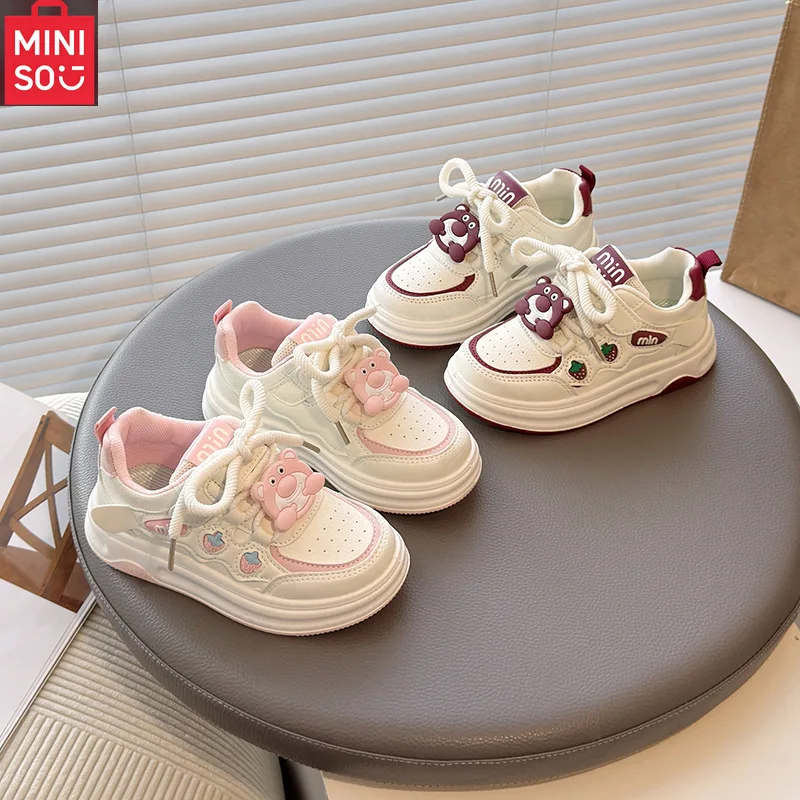 أحذية رياضية جلدية للفتيات من Miniso لربيع وخريف، نعل ناعم غير قابل للانزلاق، أحذية تزلج بيضاء للأطفال الكبار #3