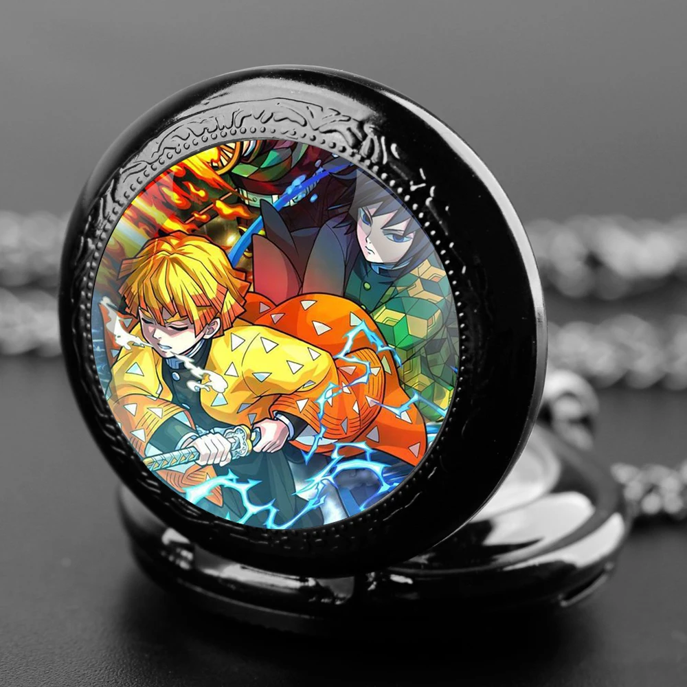 Demon Slayer Design Glass Dome Quartz Pocket Watch with Arabic Numeral Dial on Chain - Ideal Present for Special Occasions