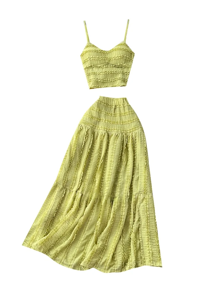 Ele Sommer-Damen-Zweiteiler-Set, hohe Taille, drapierter Rock, schmale Passform, Tank-Top mit Holz, lässiges Faion-Ensemble