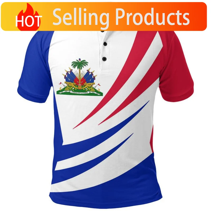Popular Haiti Flag Polo Shirt For Men Summer 3d Print Tee Shirts Tops Casual Street Short Sleeve Loose Lapel Button Tshirt