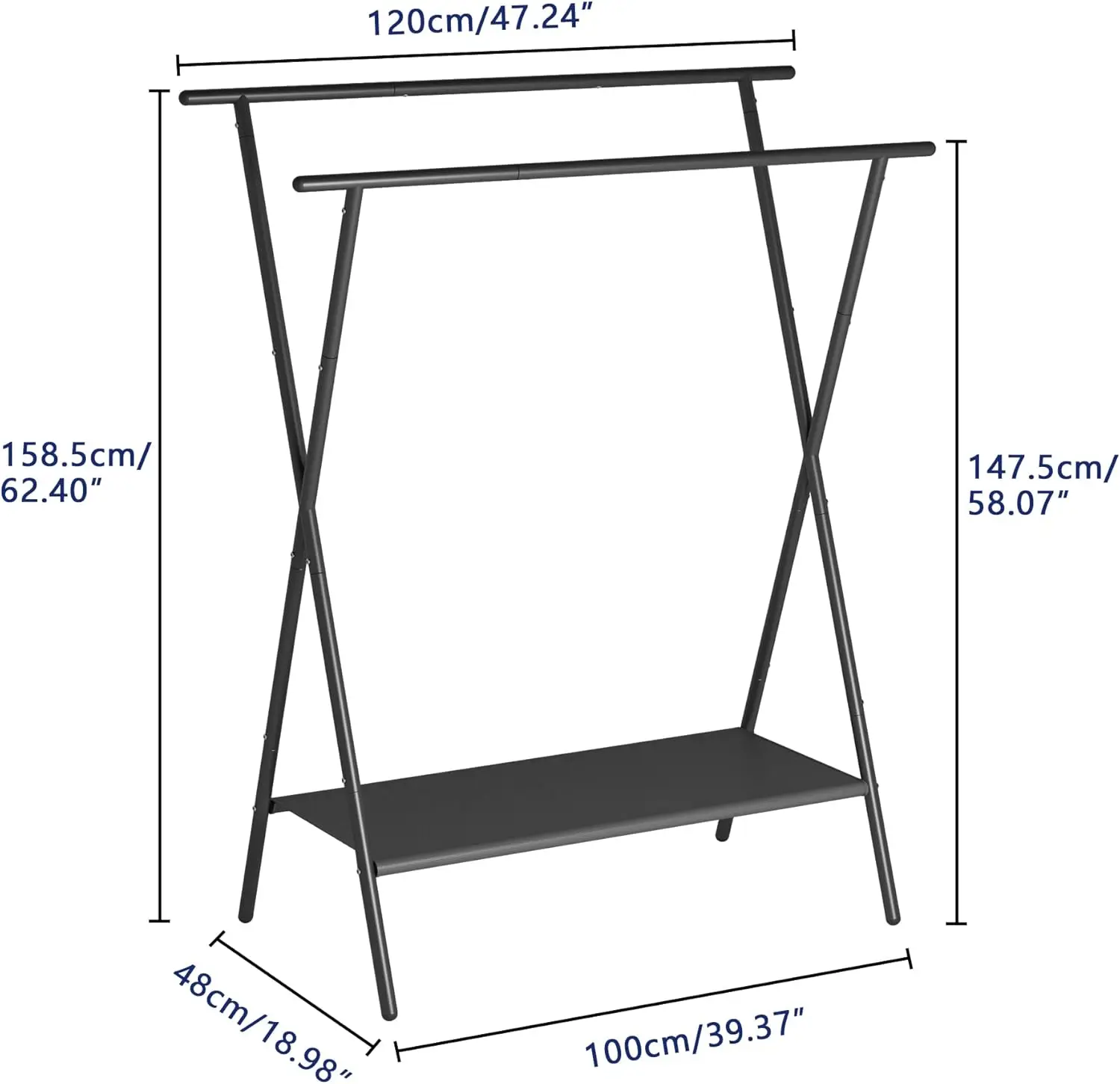 Portable Double Rod Clothing Rack with Oxford Cloth Shelves Black Metal Garment Hanging Rack for Living Room Usepromote sales