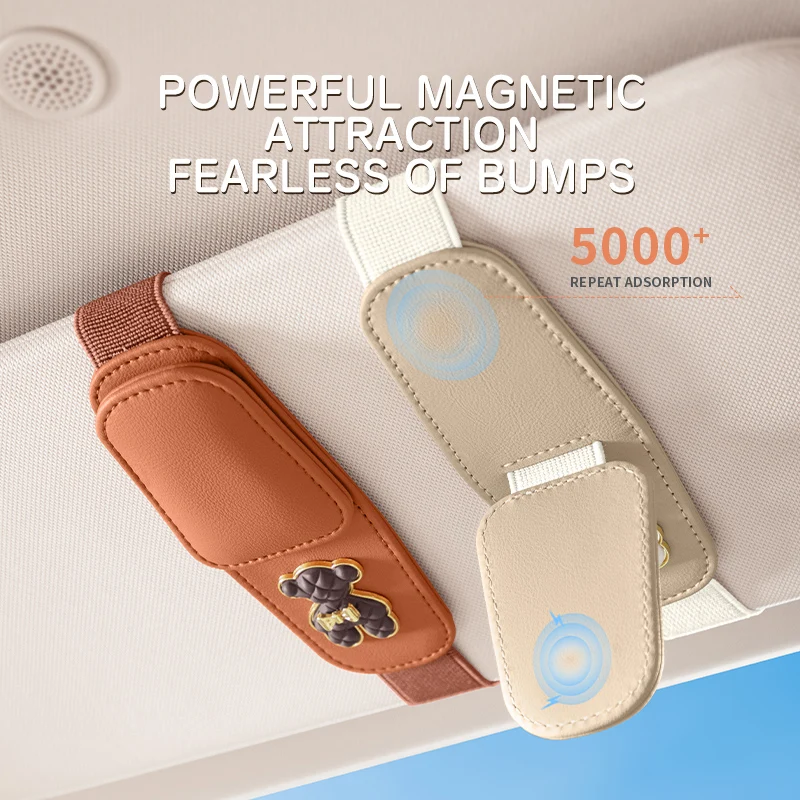 

MIXSAS Magnetic Car Sun Visor Glasses Clip Microfiber Cartoon Bear Leather Sunglasses Clip Ticket Card Holder Universal