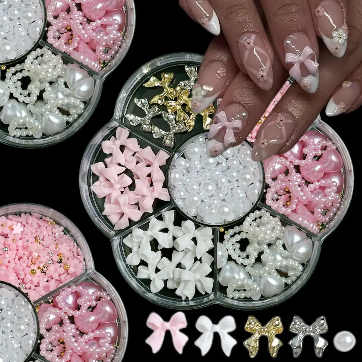 

1Box Mini Flat Bottomed Colorful Shinny Rhinestones Nail Art Decorations Sweet Minimalist Alloy Ribbon Bow Mixed Nail Charms DIY