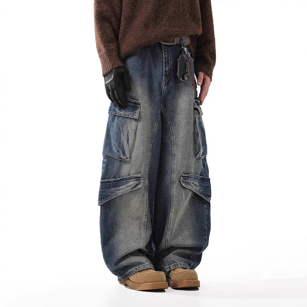 Men's Baggy Hip Hop Cargo Jeans Pants With Multi Pockets High Street Loose Fit Y2K Style Denim Trousers Washed Blue Bottoms