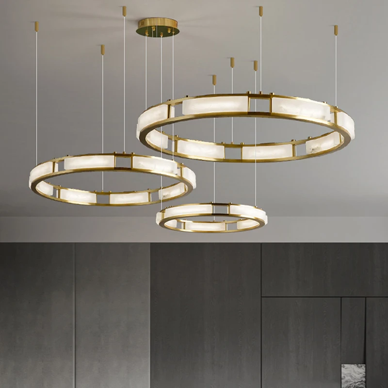 

Modern Light Luxury Villa Living Room Brass Chandelier Nordic Designer Ring Hotel Lobby Decorative Marble Pendant Light