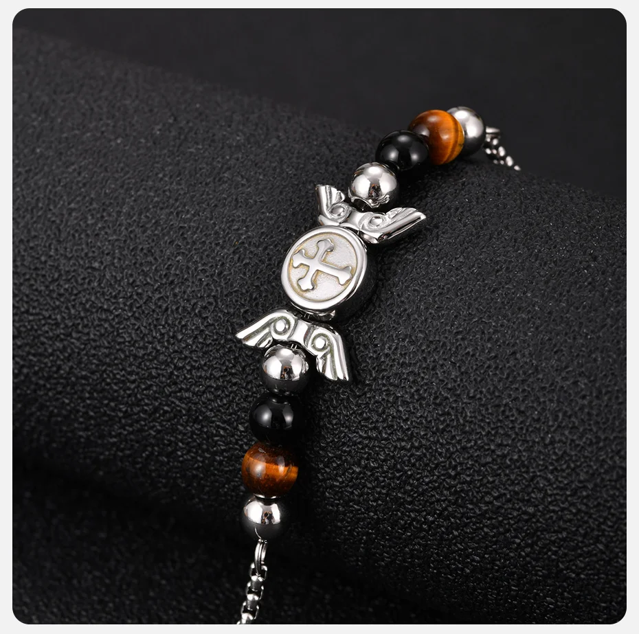 Vnox Kreuzflügel Tigerauge Schwarzer Onyx Perlenarmband für Männer und Jungen, Edelstahl-Kastenkette, Verstellbarer Religiöser Schmuck Geschenk – Detail 5