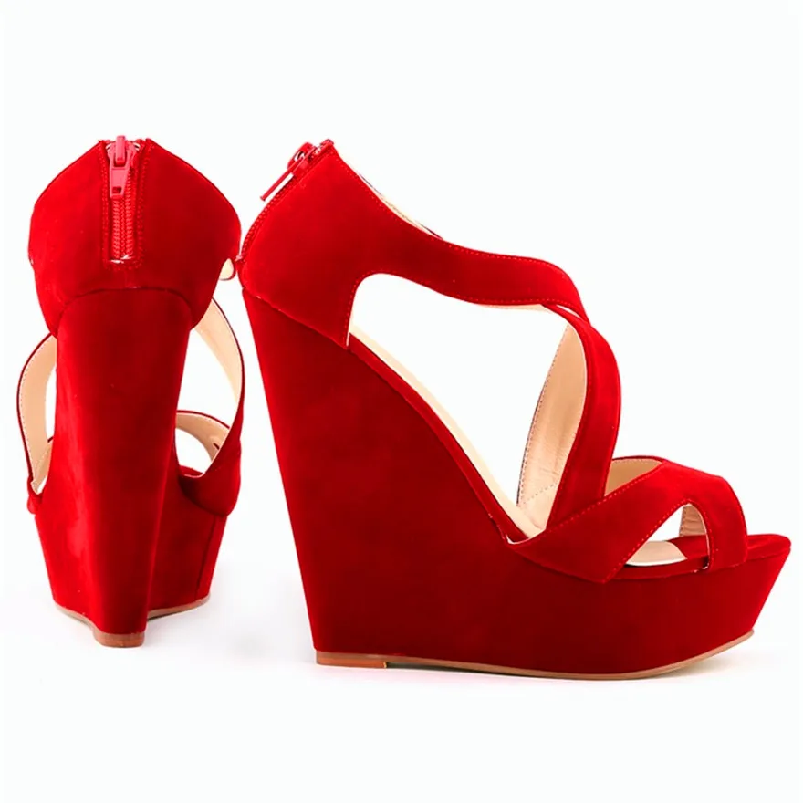 Sommer Sexy Kreuz Cut-Outs Kleid Sandalen Solide Flock Frauen Peep Toe Wedges Sandale High Heels Plattform Partei Weibliche schuhe Mode