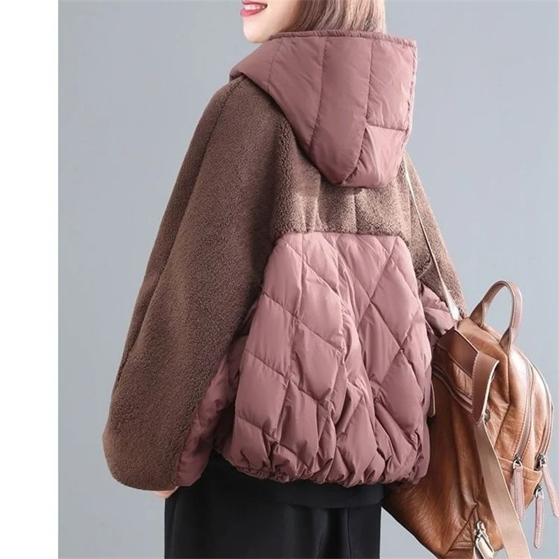 Women\'s Winter Clothing, Loose Fitting And Slimming, Thick Lamb Wool Splicing Jacket Female New Thin Cotton Jacket Warm Cardigan