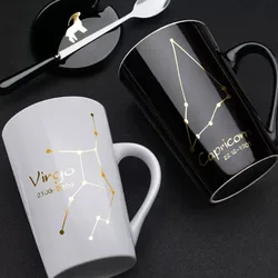 12 Constellations 420 Ml Ceramic Mugs Creative Mugs With Spoon Lid Black Mug New Bone China Coffee Cup Drinkware Couples Gifts