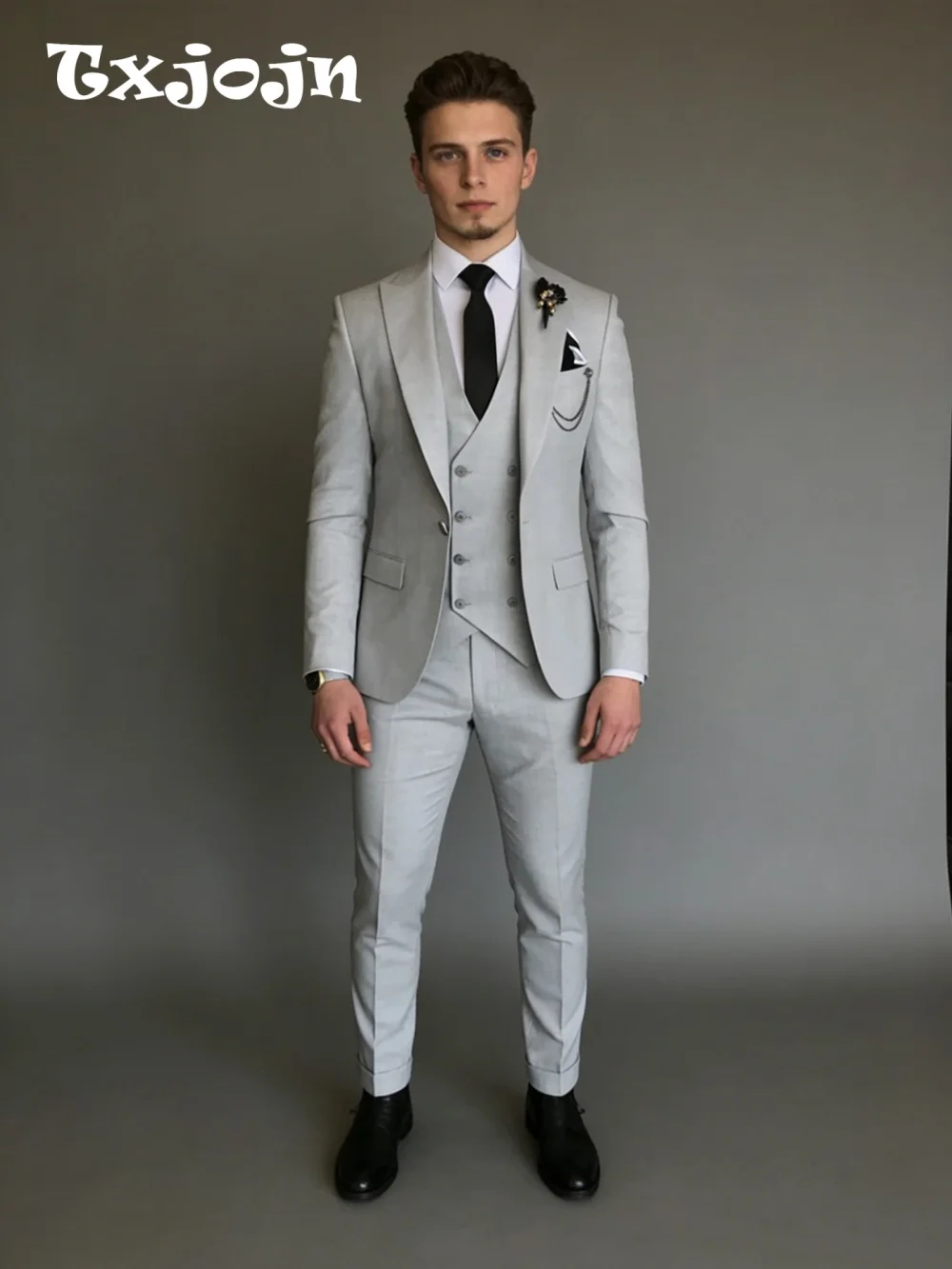 

Elegant Light Gray Notched Lapel Men Prom Formal Single Breasted Suit Best Man Suit Set Includes Jacket Vest Pants Customized