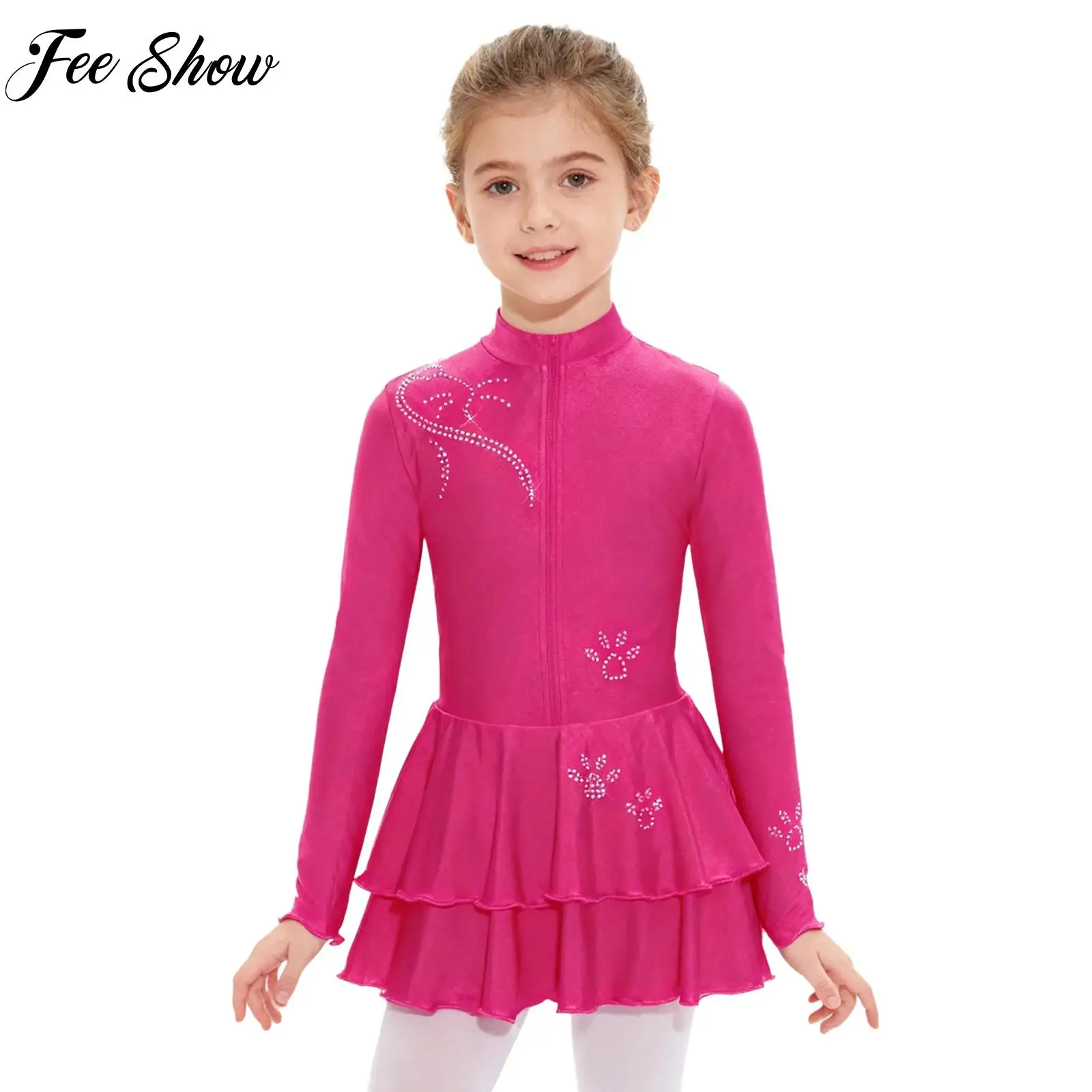 

Children Long Sleeve Figure Skating Leotard Dress Girl Rhythmic Gymnastics Performance Party Costume Rhinestones Front Zip Dress