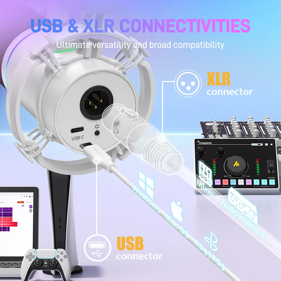 maono PD200X ダイナミックマイク ブームアーム付き MAONO XLR/USB Dinamik Mikrofon, Yazılımlı RGB Oyun Mikrofonu