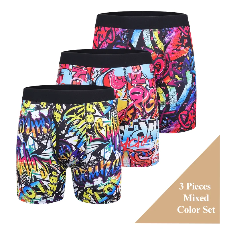 3PCS Men Printing Boxers Shorts Underpants Mixed Color Underwear Set Breathable Crotch Fashionable Pattern Teenagers Trunks