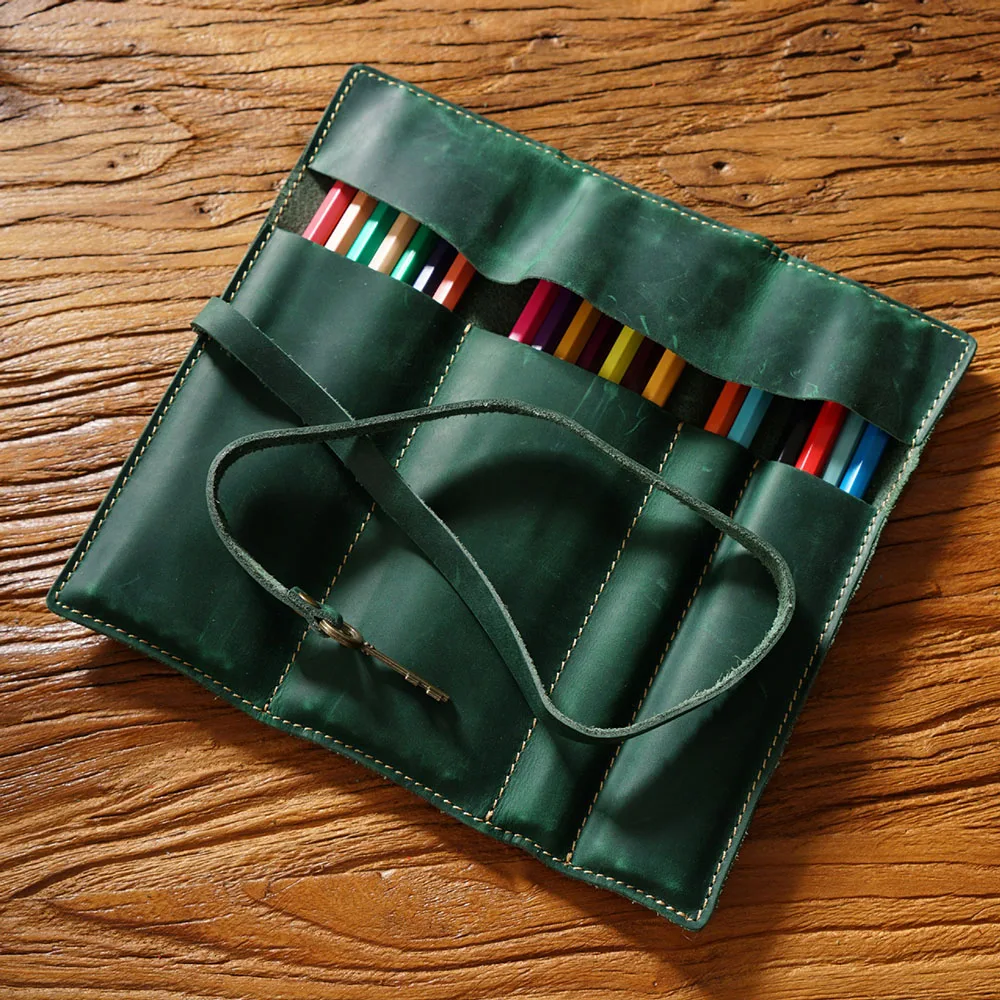 

Leather Handmade Pen Curtain Retro top layer cowhide pen curtain Multi-functional Pen Bag Student Storage Bags Handmade Gift
