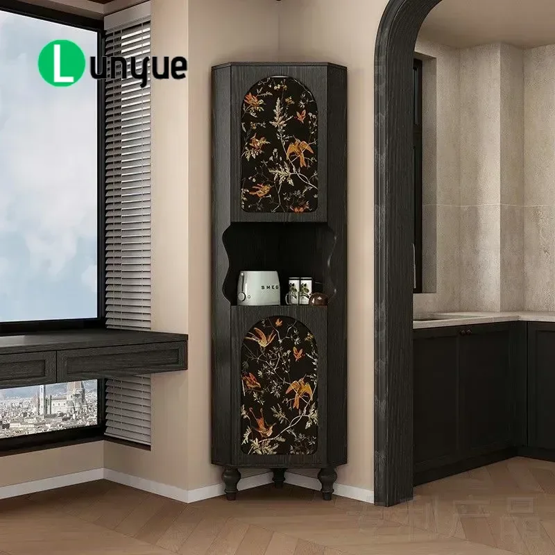 Chinese Style Solid Wood Triangle Corner Cabinet with Bird Picture Living Room Sofa Side Table Storage French Decorative