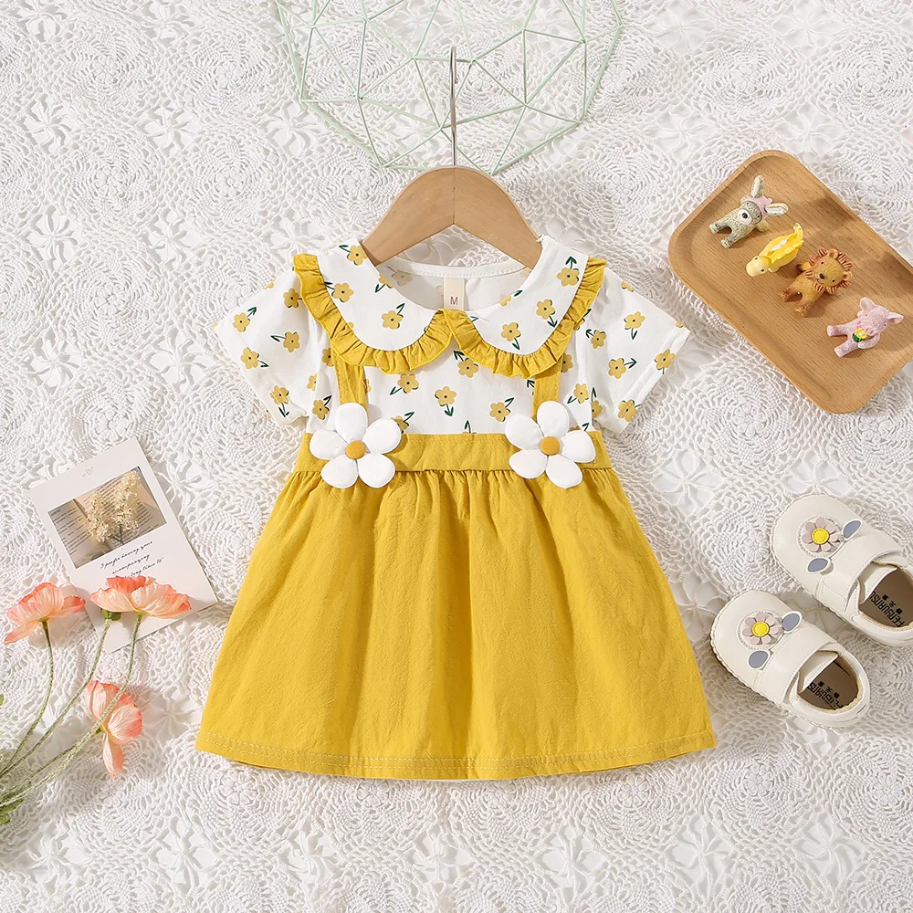 Summer New Baby Girls Dress Short Sleeve Lapel Lace Pleated Flower Pattern Halter Pleated Sweet Princess Dress (0-3 Years)