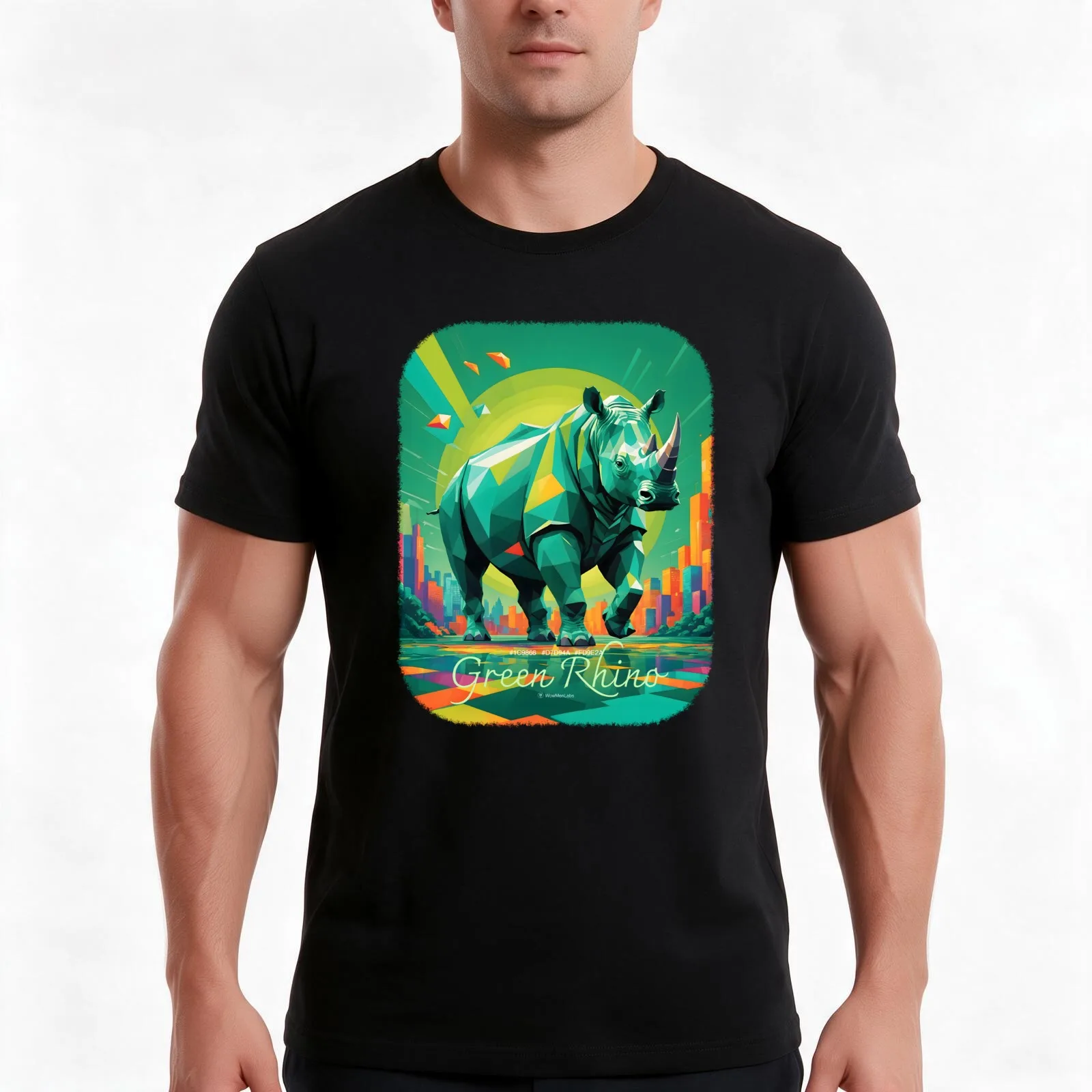 Green Rhino T-Shirt, Summer Casual Cotton Tee, Oversized Streetwear Tops, Vintage Graphic Print, Loose Fit Short Sleeve