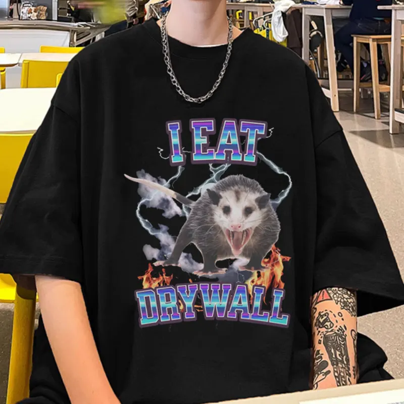 I EAT DRYWALL Joke Graphic T Shirts Male Funny Opossum T-shirt Fashion High Quality Cotton Oversized Tee Shirt Men Women Tops