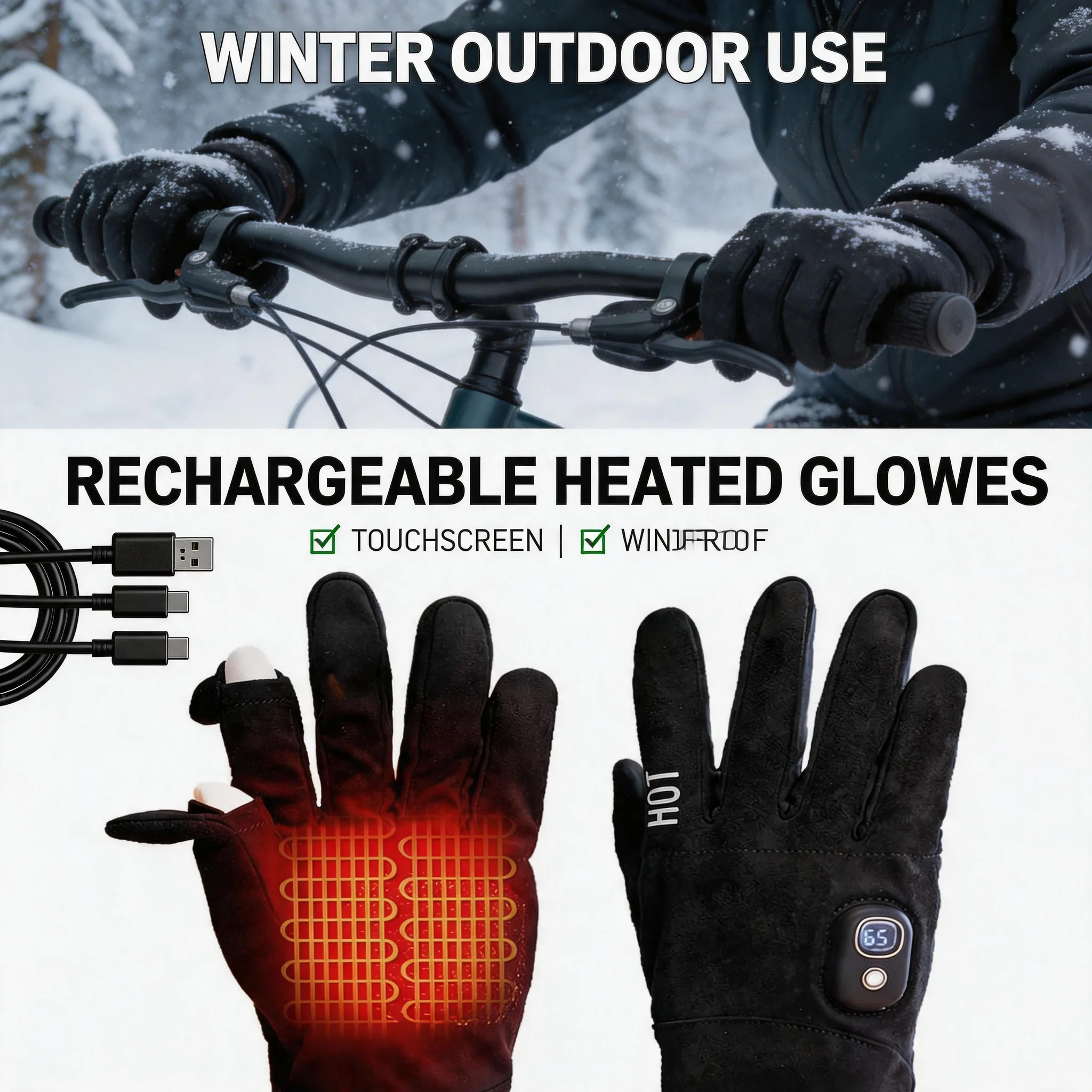 Thin Lightweight Heated Gloves 2000mAh Rechargeable Windproof Touchscreen Warm Gloves for Men Women Winter Outdoor Work Cycling