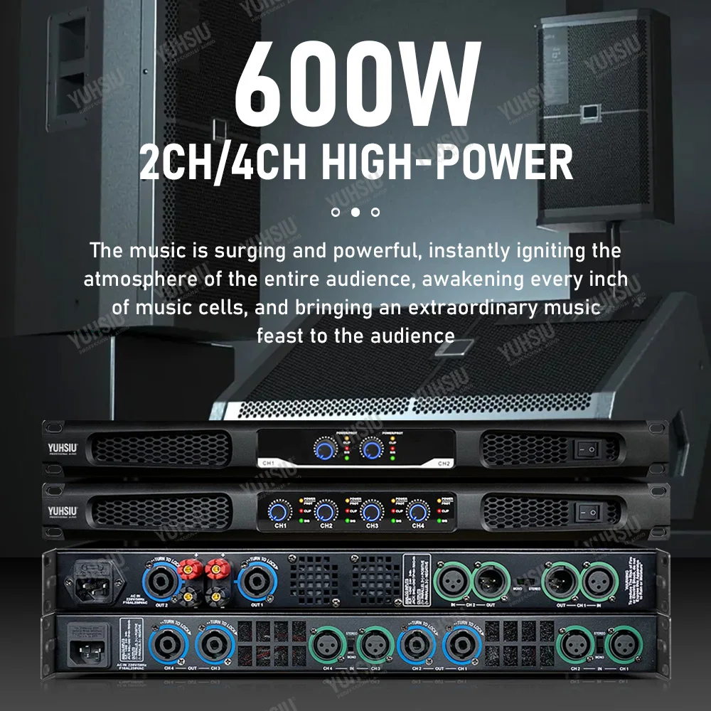 Professional Digital High Power 1U Amplifier 600W 2/4 Channels Audio for Disco Outdoor Concerts Subwoofer Speakers Stage DJ KTV